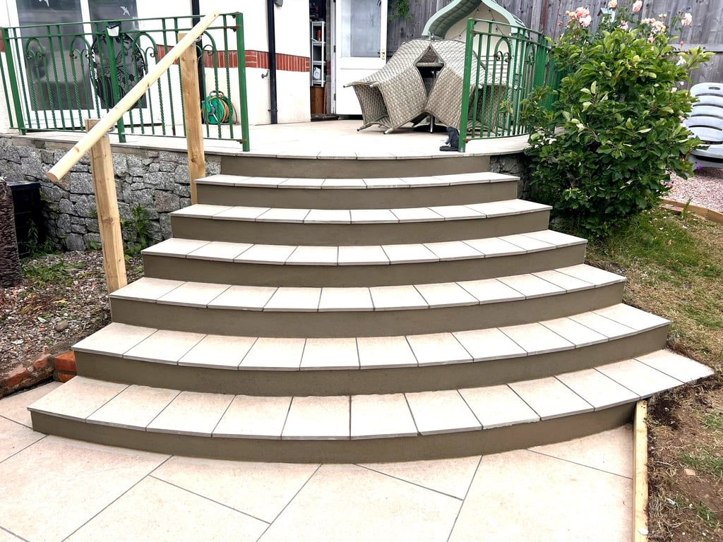 Garden patio steps built by PC Landscaping between terraces in a South Devon garden